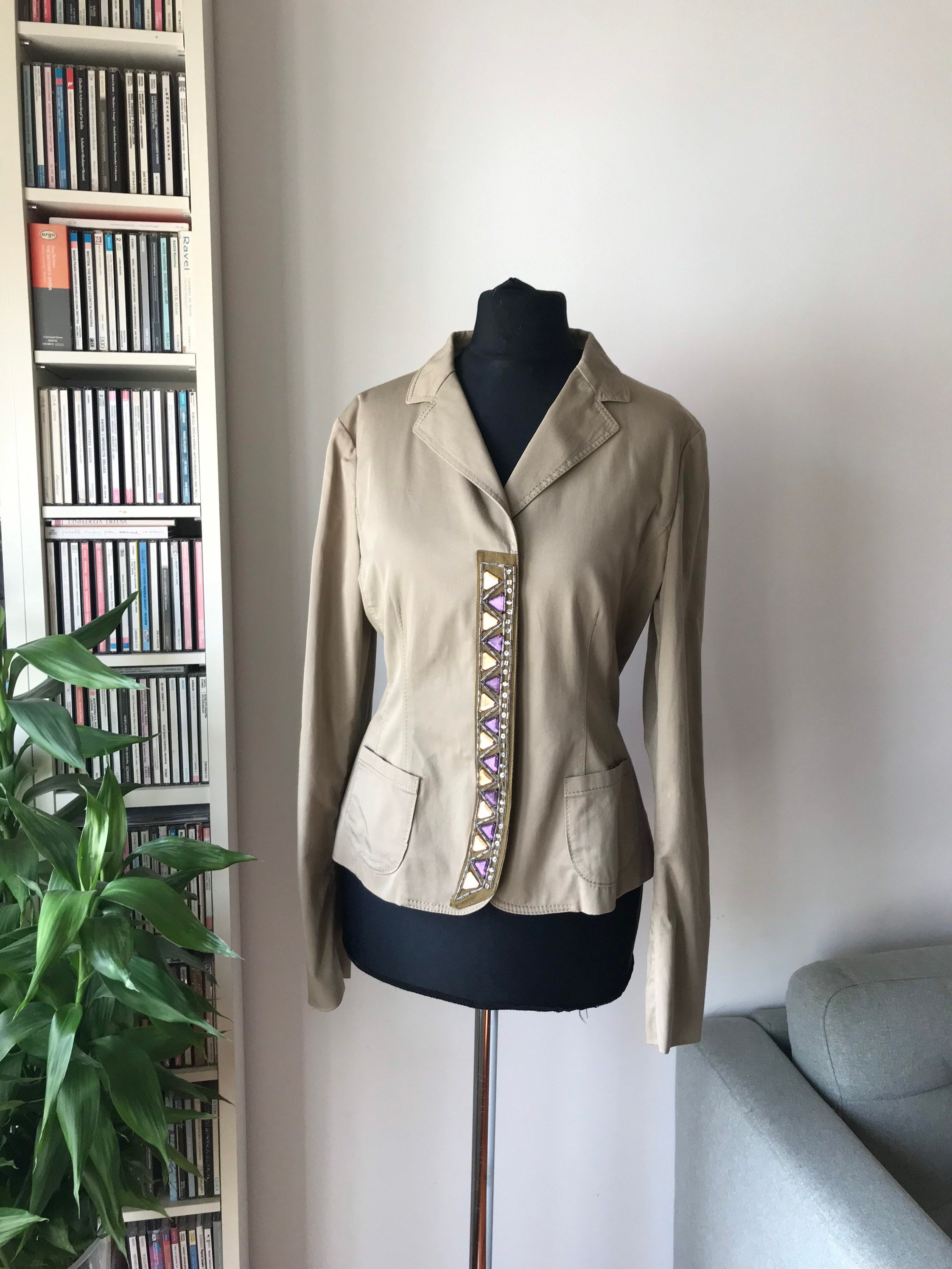 Alberta Ferretti, Vintage Philosophy by Alberta Ferretti Embellished Khaki Denim Jacket with Jewelled Trim; Designer Statement Piece