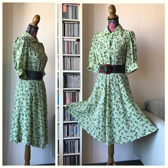 Vintage 80s does 40s Green Fit and Flare Dress by… - image 1