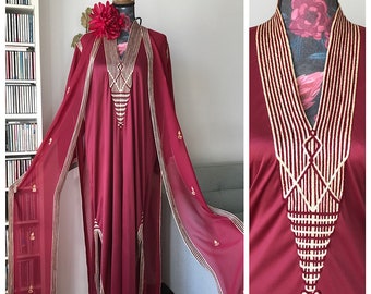 Vintage 70s Indian Style Set of Embroidered Sleeveless Kaftan Dress and Matching Chiffon Sheer Coat