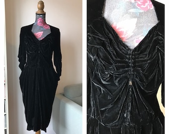 Rare Vintage 40s Black Crystal Velvet Draped Dress