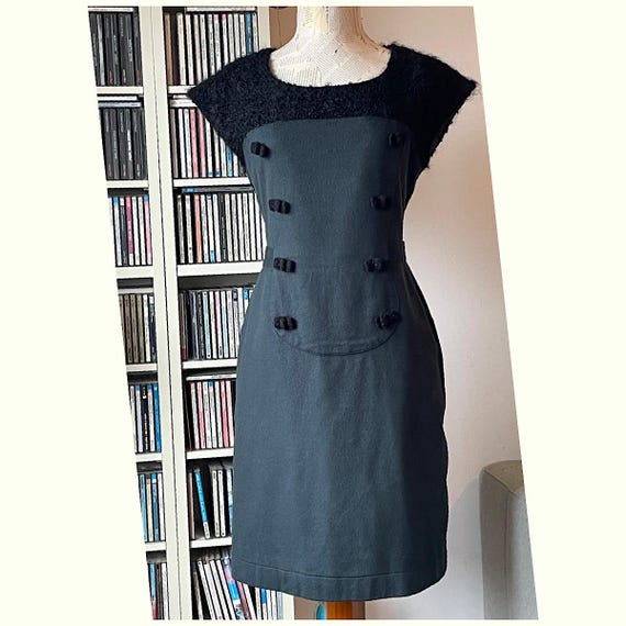 Vintage 90s Olive Green Wool Dress with Black Boucl Details Vintage 90s Olive Green Wool Dress with Black Boucl Details