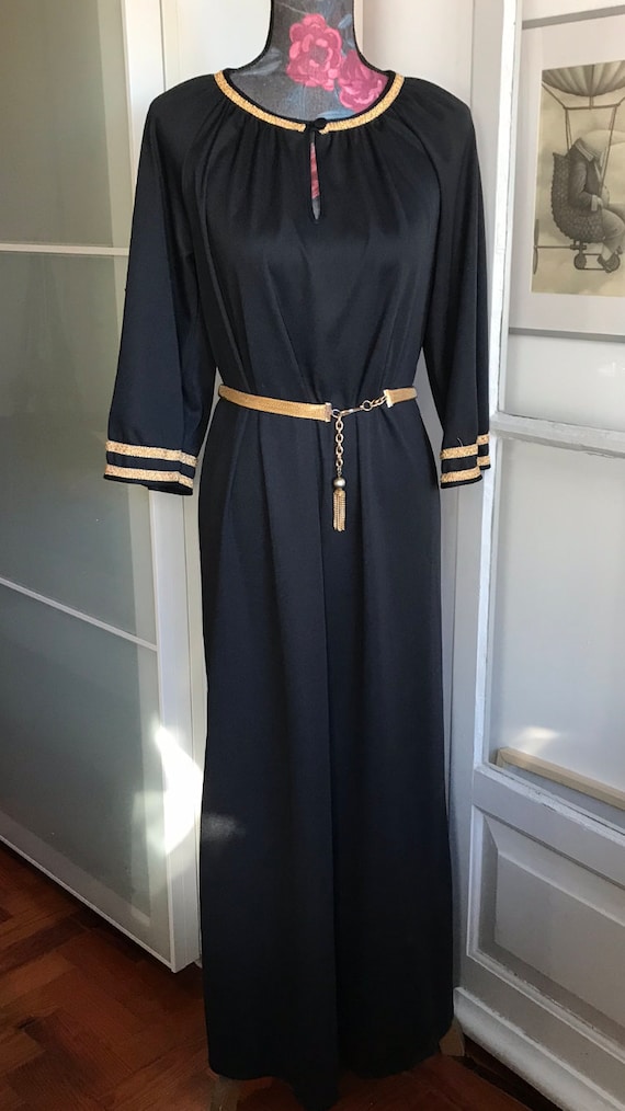 Vintage 70s Black Long Sleeve Kaftan Dress with G… - image 2