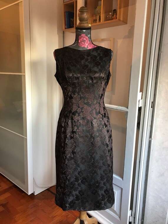 Vintage 50s Brown Silk Brocado Dropped Waist Dress - image 1