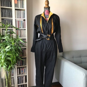 Vintage 80s Black Cotton Jumpsuit with Yellow Accents; Pop Disco Party Jumpsuit