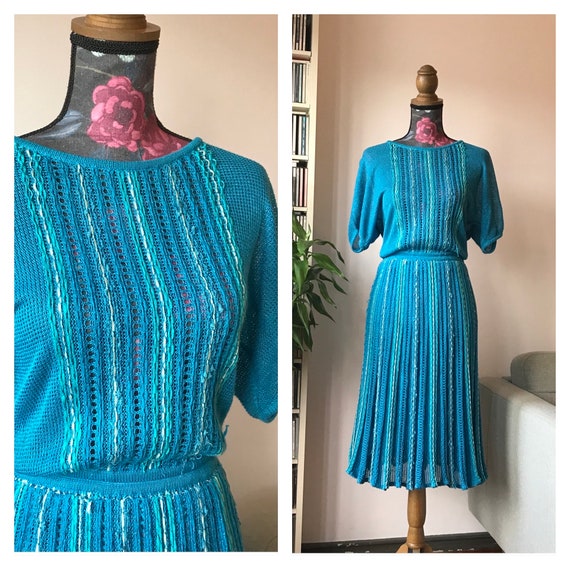 Vintage Rare 70s Pierre Cardin Teal Flowy Knitted Dress