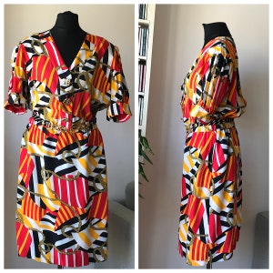 Vintage 80er Jahre Viskose Kurzarm Kleid mit maritimen Print
