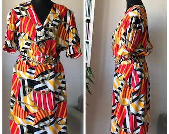 Vintage 80s Viscose Short Sleeve Dress with Nautical Print