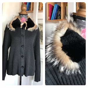 Vintage 70s/80s Black Merino Wool Cardigan with Sheepskin Fur Collar