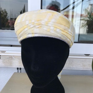 Vintage 60s White and Yellow Cotton Pillbox Hat Drape on Front and With Tail/Vintage Summer Pillbox Hat
