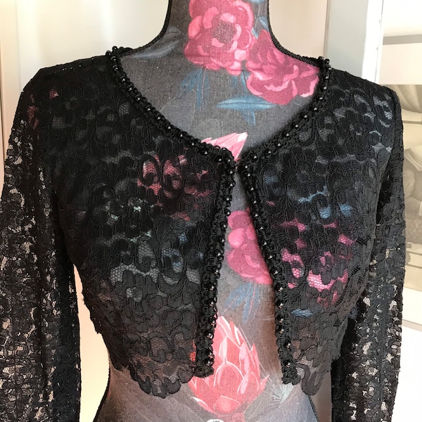 Vintage 50s Black Guipure Lace Bolero with Black Beads Appliqué on the Neckline