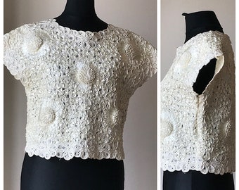 Vintage 90s Exquisite Off White Evening/Cocktail Embroidered Sleeveless Blouse