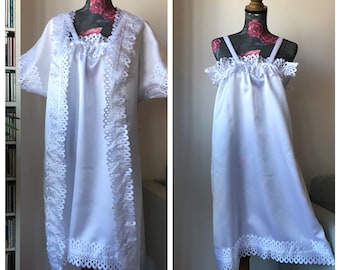 Vintage 80s/90s White Satin Robe and Nightgown Set; Vintage Lingerie/Bridal Lingerie; Made in Spain