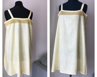 Vintage 20s Canary Yellow Crochet Cotton Nightgown with Monogram Size L