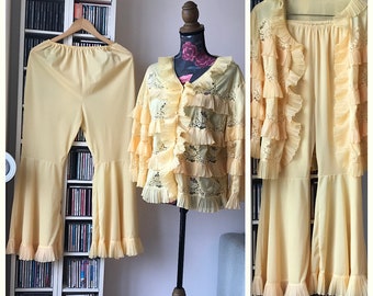 Vintage 60s Semi Sheer Pale Yellow Nylon and Lace Trousers Pajama Set with Pleated Ruffles; Made in Italy