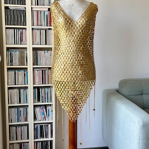 gold chainmail mini dress RARE Vintage Late 1960's Paco Rabanne Dress; Space Age Chain Mail Kit gold chainmail dress
