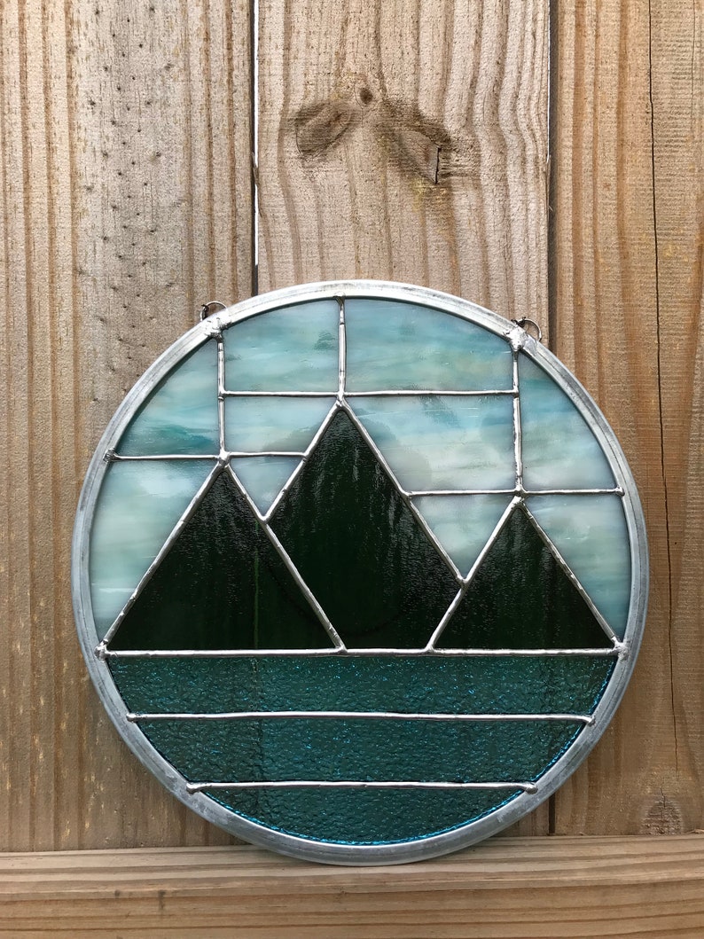 Mountains and Lake Stained Glass Circle Panel Stained Glass Etsy