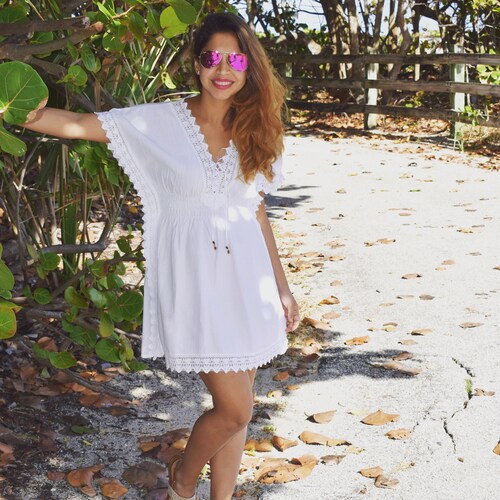 Handmade Peruvian Cotton Beach Coverup Dress, Boho White Handmade Peruvian Cotton Beach Coverup Dress, Boho White
