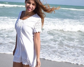 Boho Beachwear Cover Up, Donna Abito fatto a mano, abito da spiaggia, abito bianco, abito di cotone, abito estivo