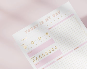 May include: A white printable daily planner with gold accents. The planner has sections for "Today is my day", "Focus in", "Mood", "Gratitude", "Morning", "Afternoon", "Evening", and "Notes".