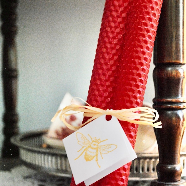 100% Natural Hand Rolled Honeycomb Beeswax Taper Candle Set of Two Christmas Red / Non-toxic / Soy Free / Unscented /Holiday Winter