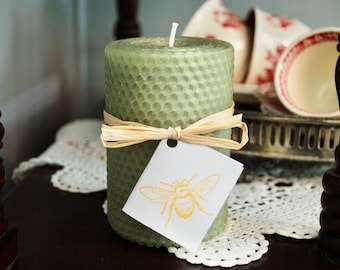 100% Natural Beeswax Avocado Green Hand Rolled 4" Honeycomb Pillar Candle | Non-toxic | Soy Free | Dripless | Unscented | Olive Spring Decor