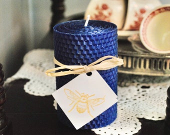 100% Natural Beeswax Navy Blue Hand Rolled 4&quot; Honeycomb Pillar Candle | Non-toxic | Soy Free | Dripless | Unscented | Spring Cottage