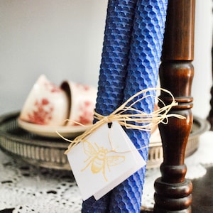 100% Natural Beeswax Navy Blue Hand Rolled 8" Honeycomb Taper Candle Set of Two | Non-toxic | Soy Free | Dripless | Unscented | Spring Decor