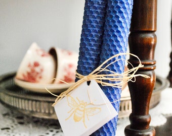 100% Natural Beeswax Navy Blue Hand Rolled 8&quot; Honeycomb Taper Candle Set of Two | Non-toxic | Soy Free | Dripless | Unscented | Spring Decor