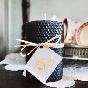 100% Natural Beeswax Black Hand Rolled 4" Honeycomb Pillar Candle | Non-toxic | Soy Free | Dripless | Unscented Modern Minimalist Home Decor