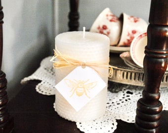 100% Natural Beeswax Creamy White Hand Rolled 4" Honeycomb Pillar Candle | Non-toxic | Soy Free | Dripless | Unscented | Minimalist
