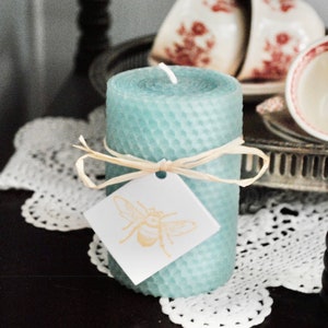 100% Natural Beeswax Aqua Hand Rolled 4" Honeycomb Pillar Candle | Non-toxic | Soy Free | Dripless | Unscented | Spring Decor | Beach |