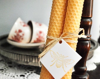 100% Natural Beeswax Golden Yellow Hand Rolled 8&quot; Honeycomb Taper Candle Set of Two | Non-toxic | Soy Free | Dripless | Unscented | Autumn