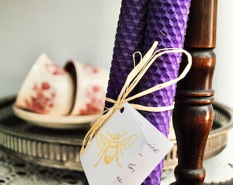 100% Natural Beeswax Royal Purple Hand Rolled 8&quot; Honeycomb Taper Candle Set of Two | Non-toxic | Soy Free | Dripless | Unscented |