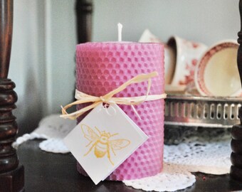 100% Natural Beeswax Rose Petal Pink Hand Rolled 4" Honeycomb Pillar Candle | Non-toxic | Soy Free | Dripless | Unscented | Spring Decor