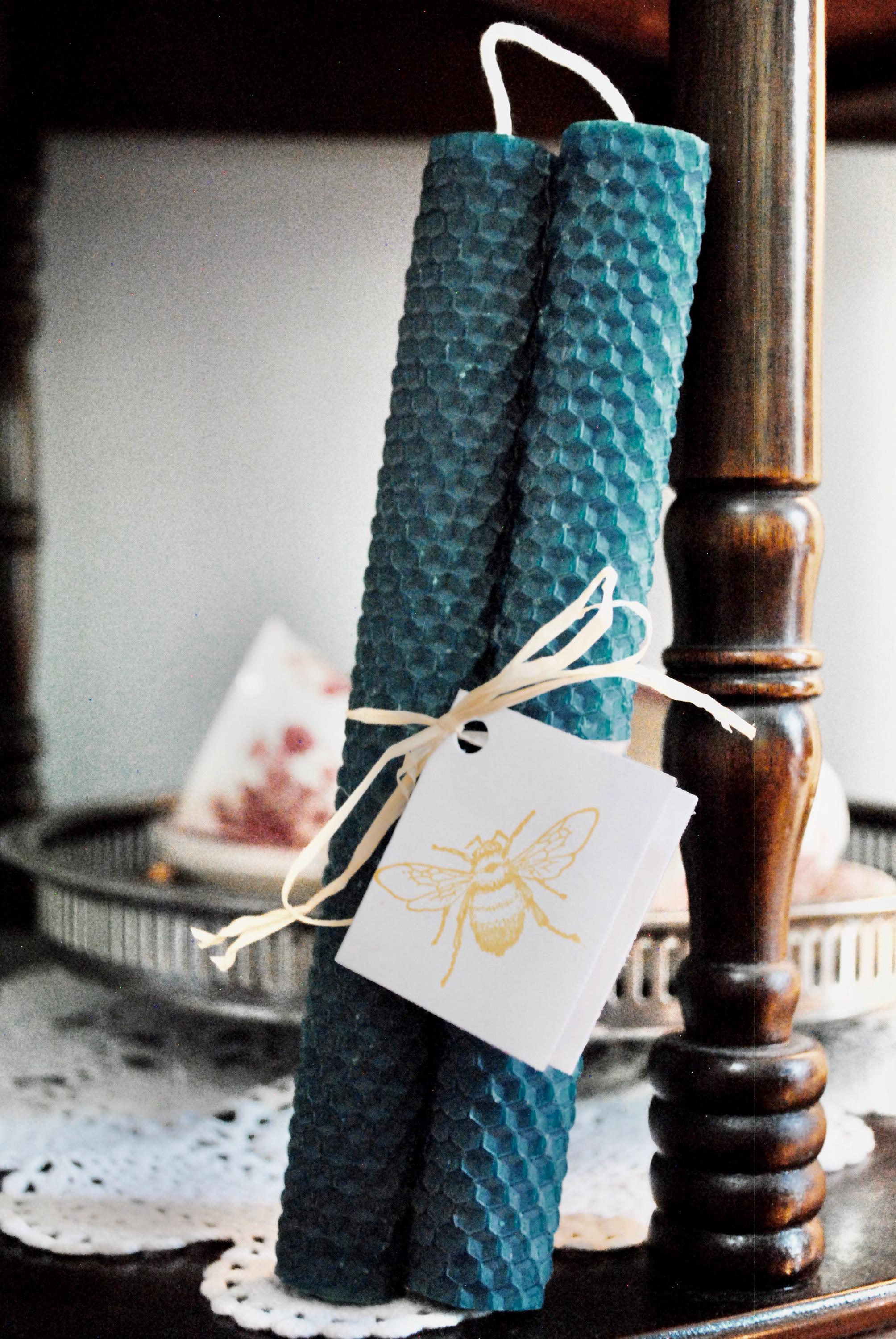100% Natural Beeswax Forest Green Hand Rolled 8" Honeycomb Taper Candle Set of Two | Non-toxic | Soy Free | Dripless | Winter