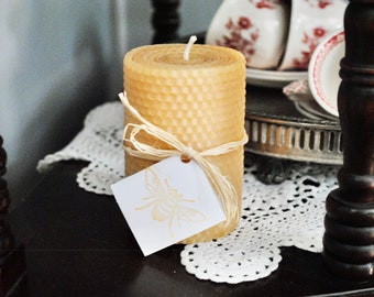 100% Natural Beeswax Golden Yellow Hand Rolled 4" Honeycomb Pillar Candle | Non-toxic | Soy Free | Dripless | Unscented | Autumn