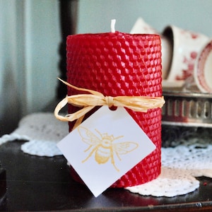 100% Natural Hand Rolled Honeycomb Beeswax Pillar Candle Holiday Red / Non-toxic / Soy Free / Unscented / Seasonal Decor / Christmas Holiday