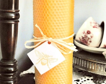 100% Natural Hand Rolled Autumn Golden Yellow Honeycomb Beeswax Pillar Candle / Non-toxic / Soy Free / Unscented / Gold / Holiday