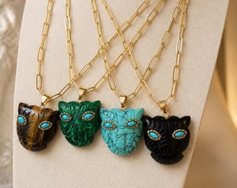 Vintage Style Panther Head Necklace | Natural Stone Cat Pendant Necklace | Tiger Eye, Malachite, Turquoise & Black Stone Gold Chain Necklace