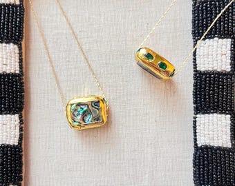 Abalone shell pendant with rhinestone and golden trim pendant necklace handmade