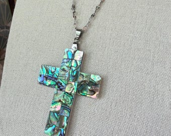 Abalone Shell Cross Necklace, Mosaic Cross Pendant, Silver Tone Stainless Steel Chain, Iridescent Shell Jewelry, jewelry Gift