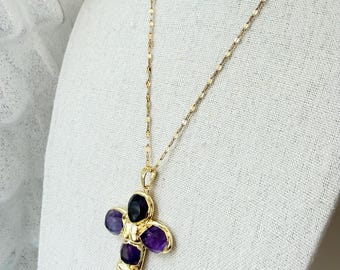 Amethyst Purple Gold Plated Cross Necklace, Gold Cross Pendant, Stainless Steel Chain, Natural Stone Jewelry, Unisex Necklace