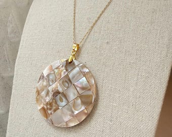 Mother of Pearl Pendant Necklace, Gold shell Necklace, Shell Mosaic Disc Pendant, Stainless Steel Chain, Beach Jewelry Gift