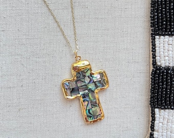 Natural Abalone shell cross pendant with golden trim pendant necklace handmade