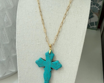 Vintage Style Turquoise Cross Necklace | Western Boho Statement Necklace | Gold Chain Cross Pendant | Rustic Cowgirl Jewelry | Southwestern