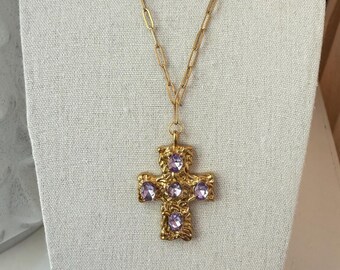 Gold Organic Cross Pendant Necklace with purple Rhinestones | Chunky Chain Statement Necklace