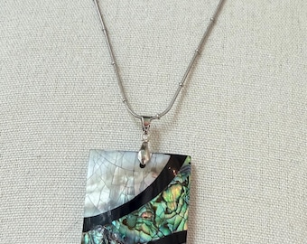Natural Abalone Shell Necklace Pendant Freshwater  Mother of Pearl Rectangle Stainless Steel Pendant Necklace