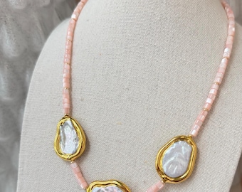 Pink Beaded Pearl Necklace with Gold Bezel Set Freshwater Pearls | Handmade Statement Necklace | Elegant Boho Bridal Jewelry