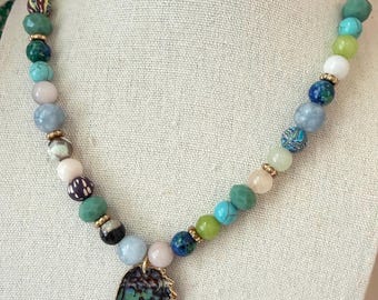 Natural Abalone shell wing pendant with golden trim beaded necklace handmade