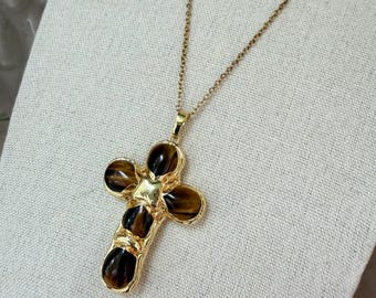 Tiger’s Eye Cross Necklace, Gold Cross Pendant, Stainless Steel Chain, Natural Stone Jewelry, Christian Gift, Unisex Necklace